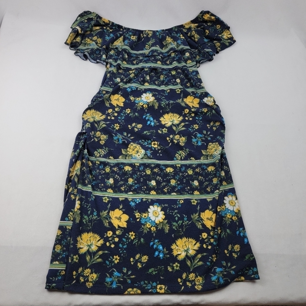 Two Beautiful Maternity off the shoulder boho navy floral tiered dress‎